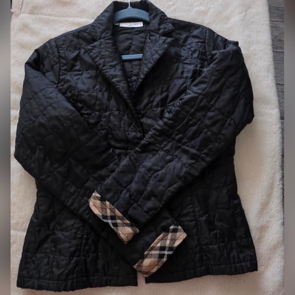 Anne Fontaine Cropped Black Quilted Blazer With Custom Plaid Cuffs